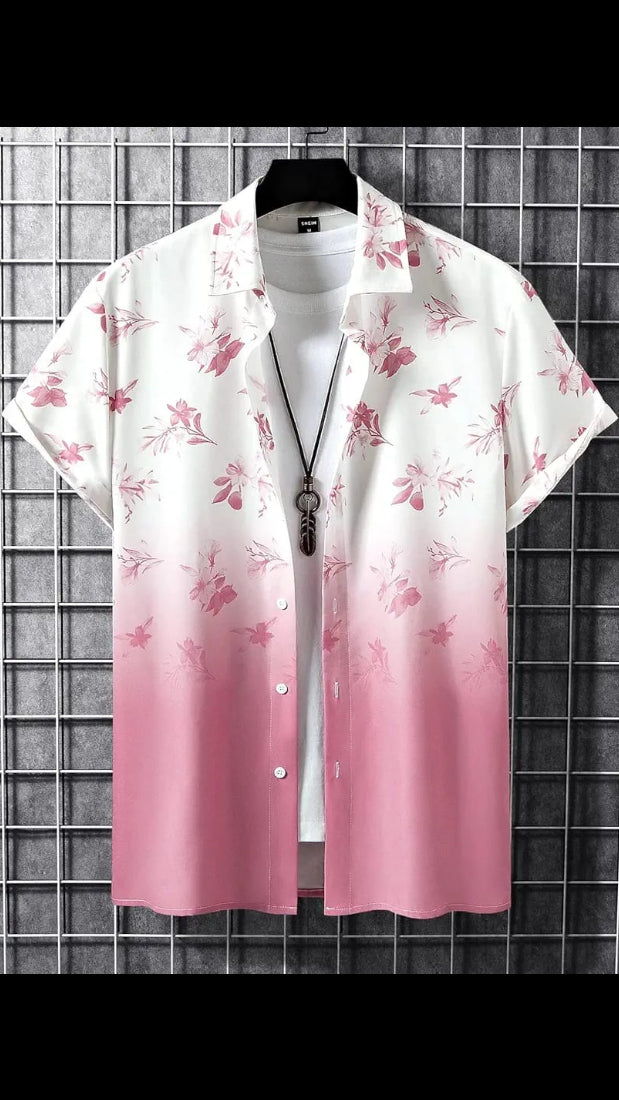Men’s White & Dusty Pink Floral Ombre Gradient Cuban Collar Short Sleeve Shirt