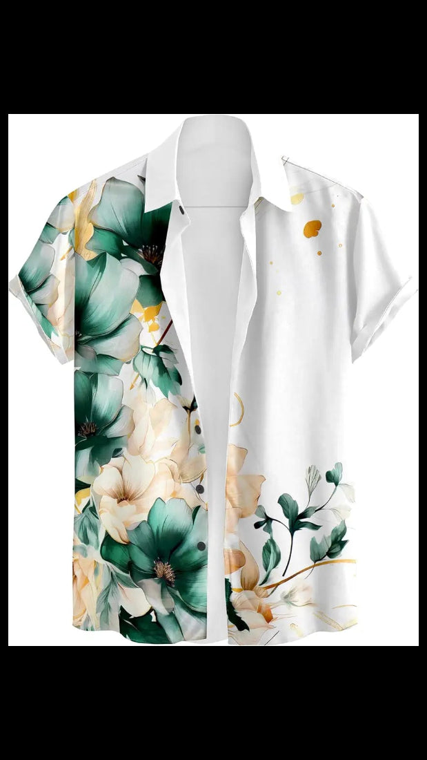 Men’s White & Teal Floral Watercolor Graphic Cuban Collar Short Sleeve Shirt