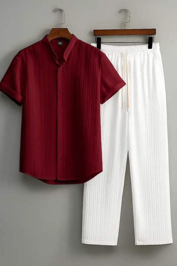 Men’s 2-Piece Resort Set: Light Blue Short Sleeve Mandarin Collar Shirt & White Textured Trousers
