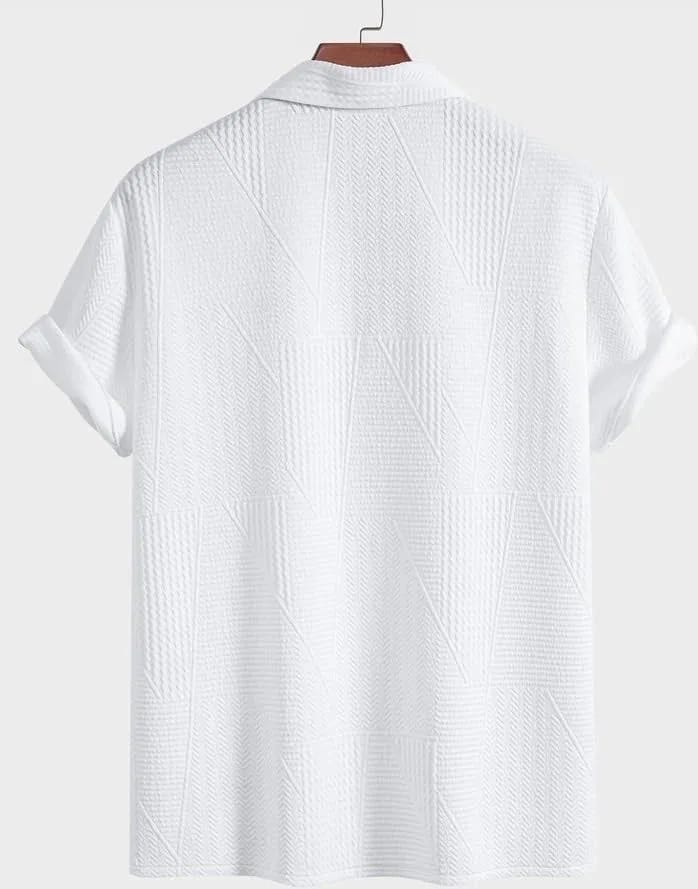 Men’s White Textured Geometric Jacquard Cuban Collar Short Sleeve Shirt