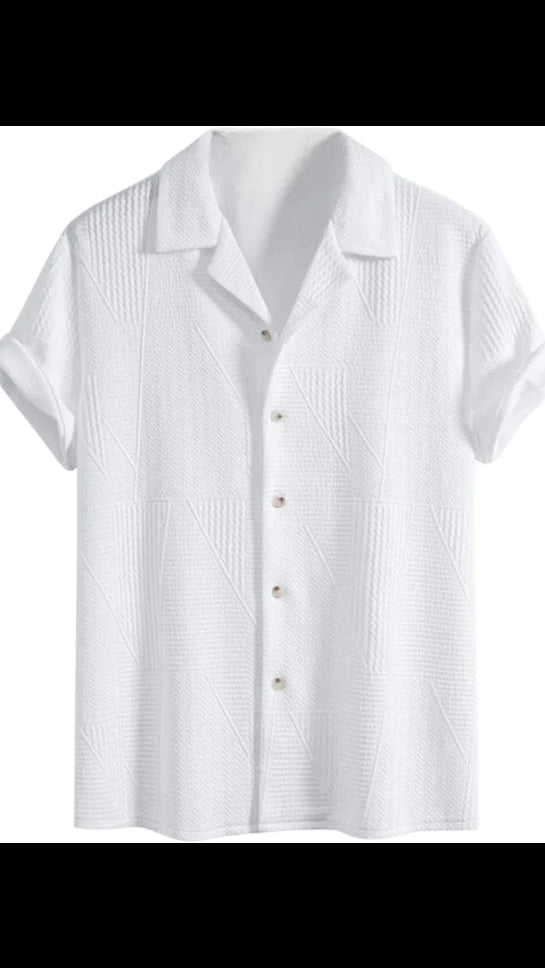 Men’s White Textured Geometric Jacquard Cuban Collar Short Sleeve Shirt