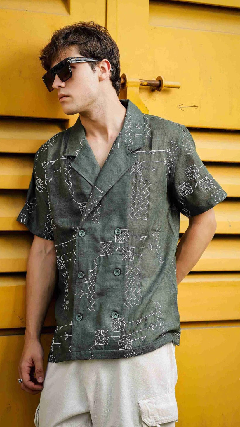 Men’s Dark Olive Green Embroidered Double-Breasted Cuban Collar Short Sleeve Shirt