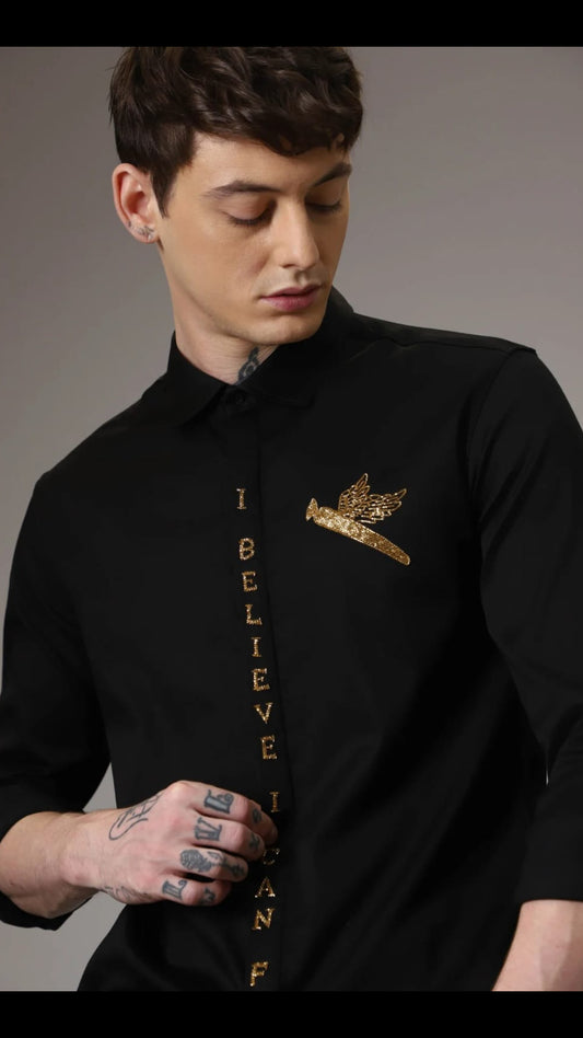 Men's Premium Black Hand-Embroidered Designer Shirt