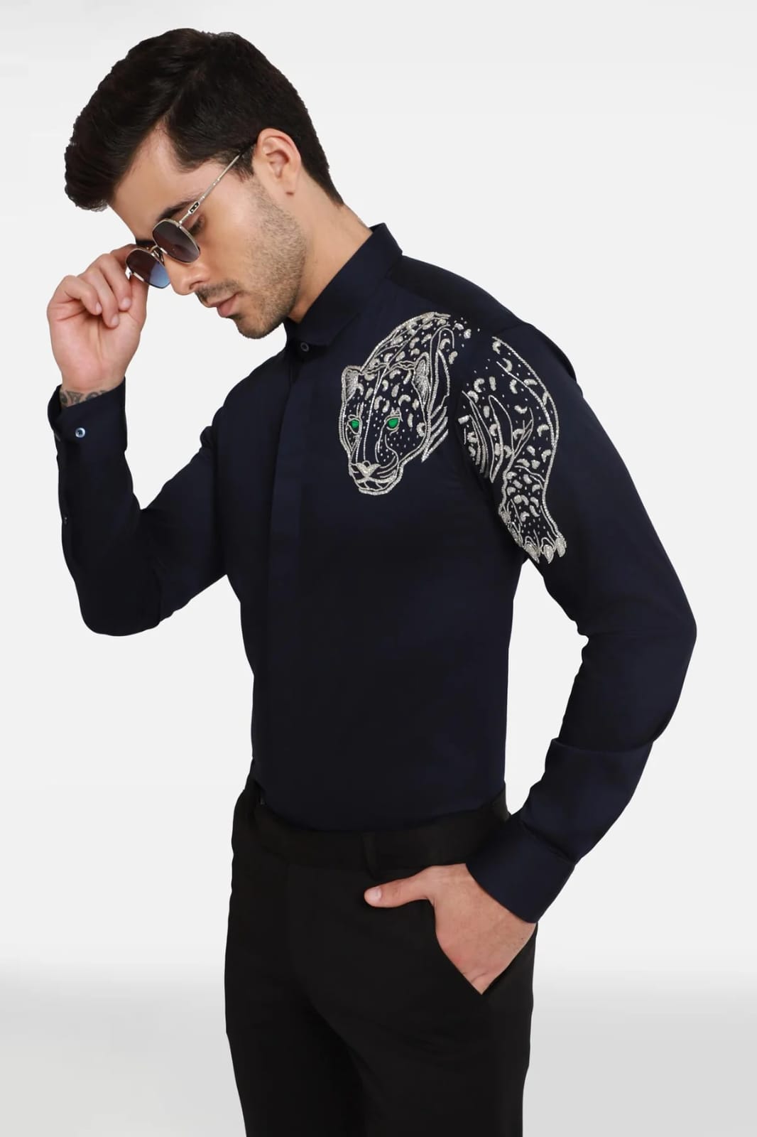 Men’s Luxury Dark Navy Hand-Embroidered Panther Motif Designer Shirt