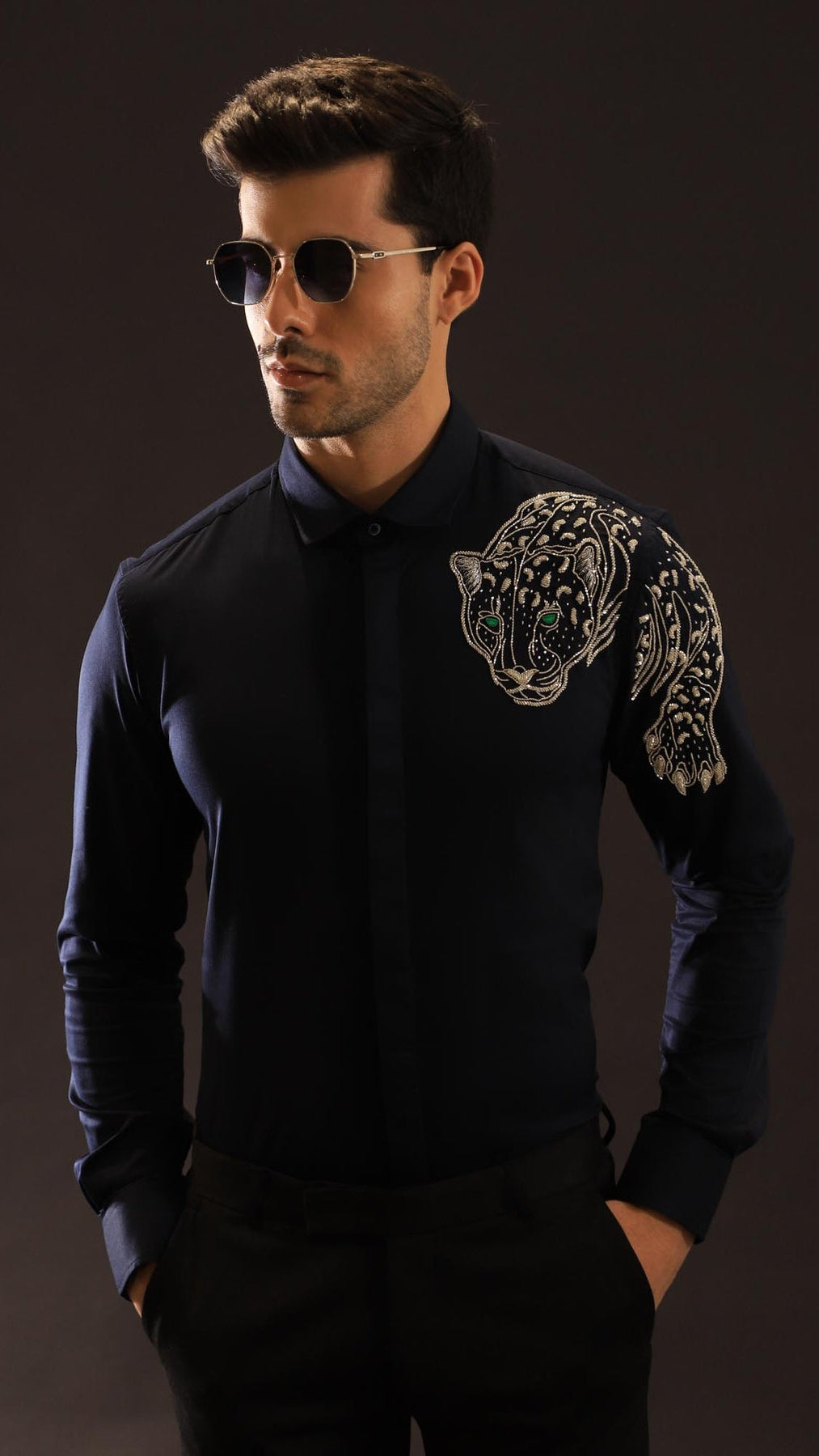 Men’s Luxury Dark Navy Hand-Embroidered Panther Motif Designer Shirt