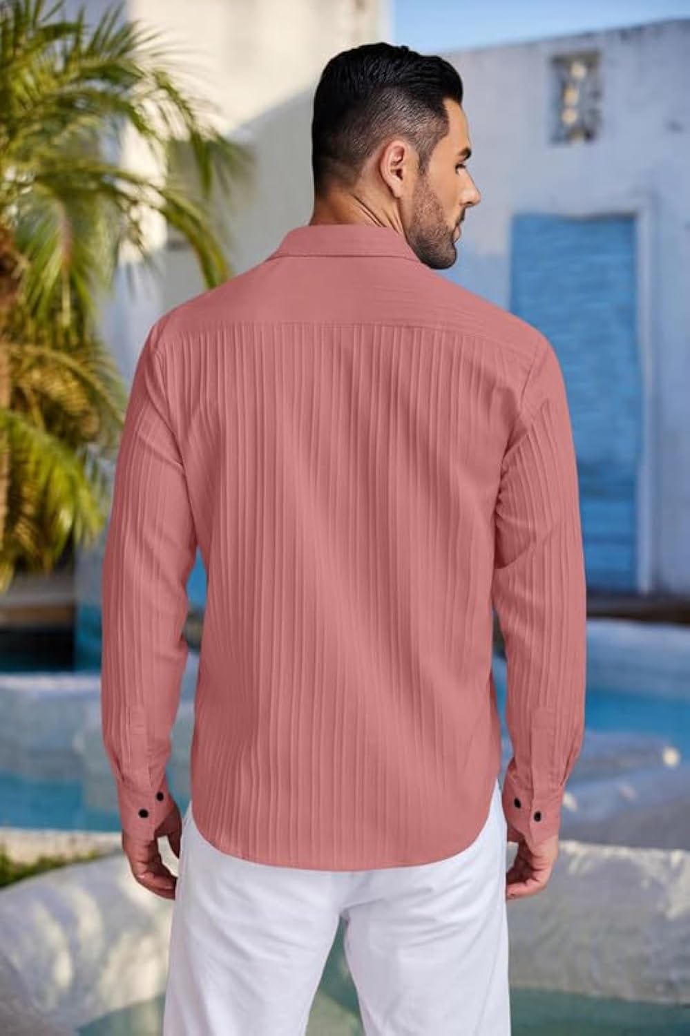 Men’s Dusty Pink Textured Vertical-Pleat Resort Casual Shirt