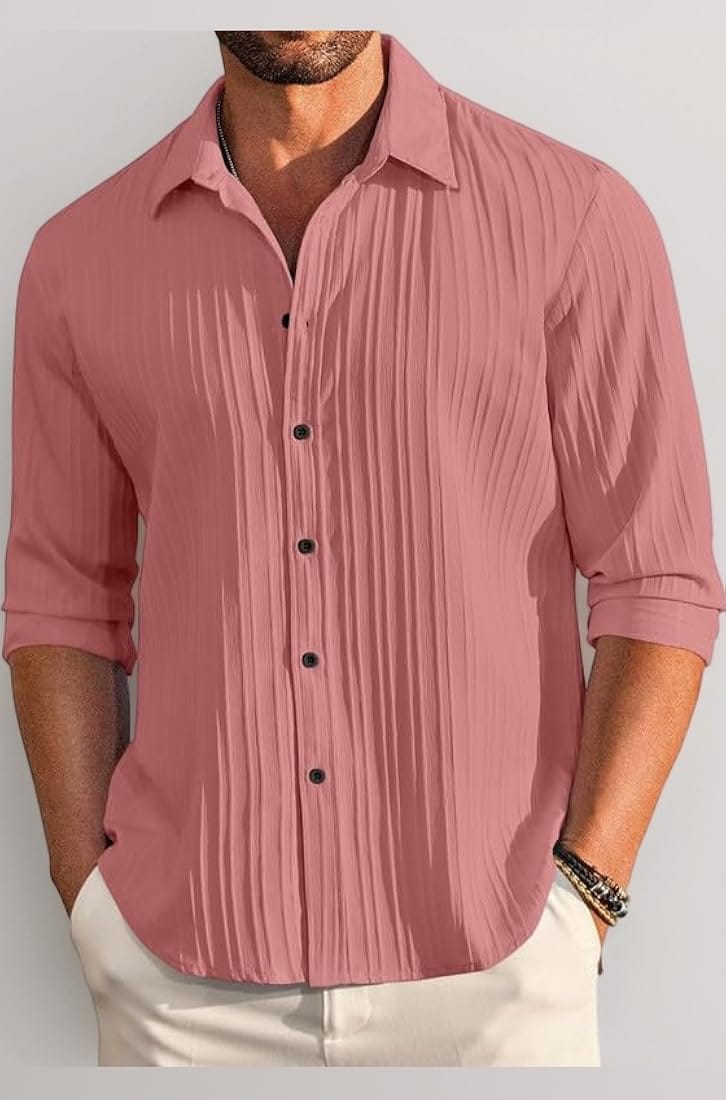 Men’s Dusty Pink Textured Vertical-Pleat Resort Casual Shirt