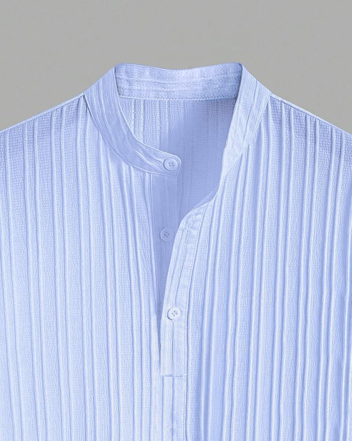 Men’s Light Blue Textured Pleated Band Collar Henley Shirt