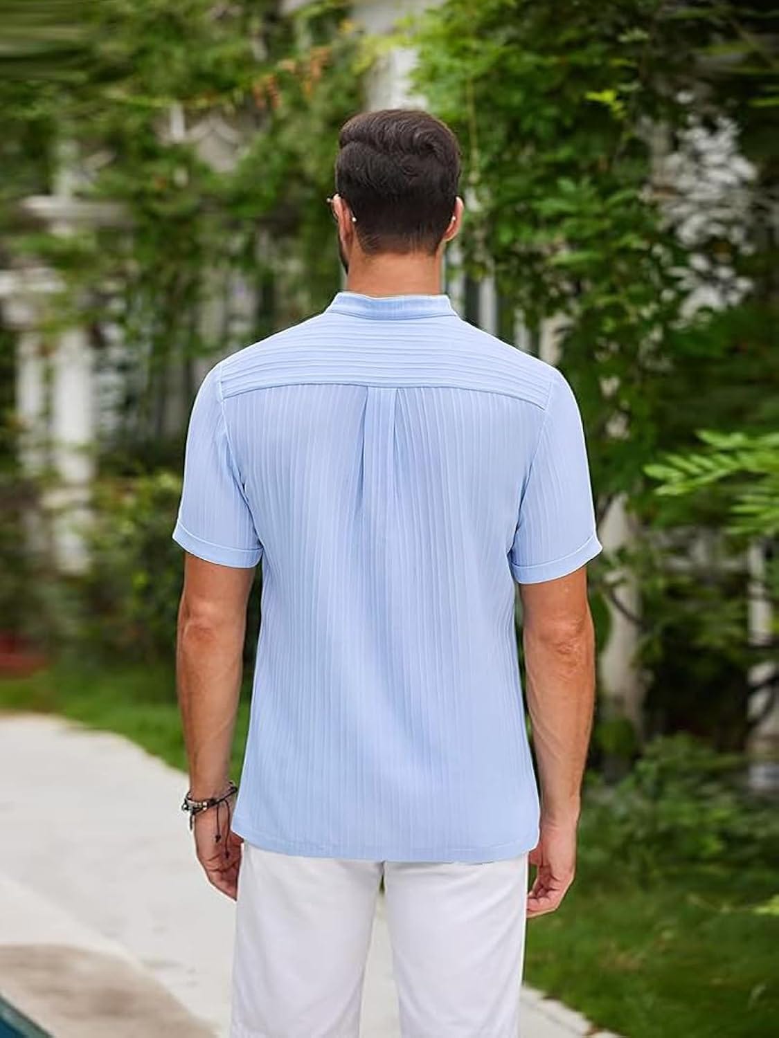 Men’s Light Blue Textured Pleated Band Collar Henley Shirt