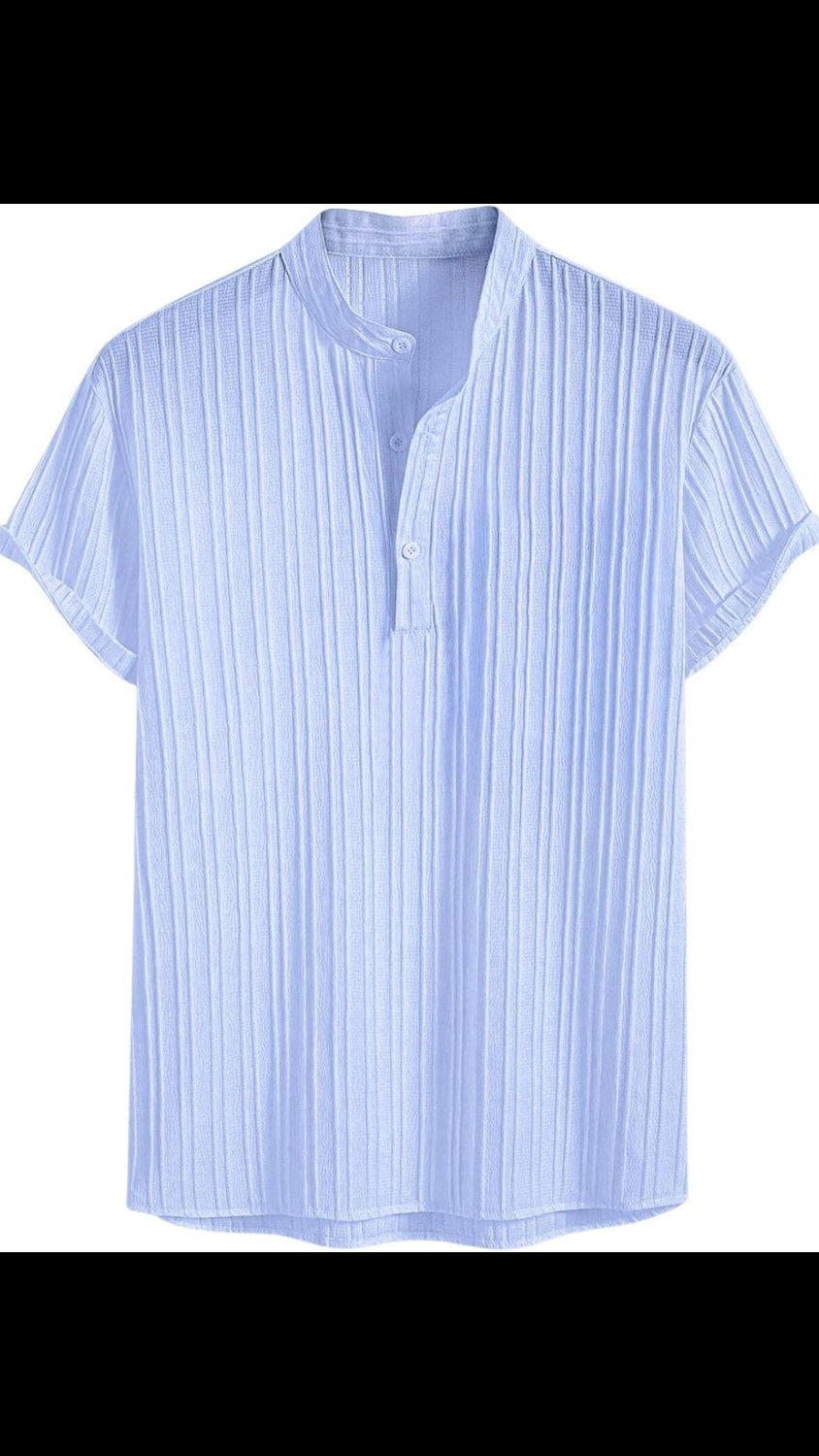 Men’s Light Blue Textured Pleated Band Collar Henley Shirt
