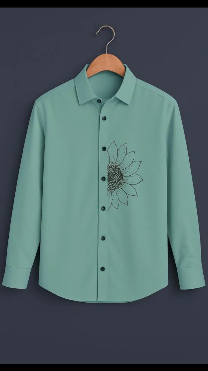 Men’s Sage Green Long Sleeve Casual Shirt with Half-Sunflower Line Art