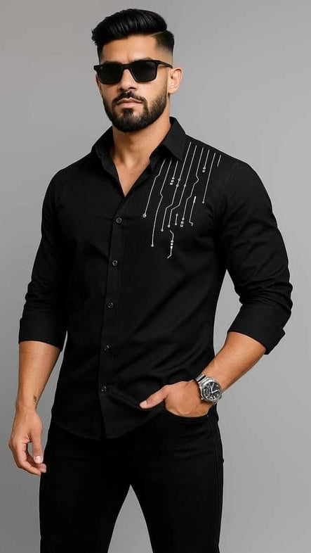 Men’s Jet Black Circuit Board Motif Embroidered Designer Shirt