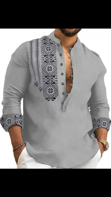 Men’s Ethnic Printed Mandarin Collar Henley Shirt