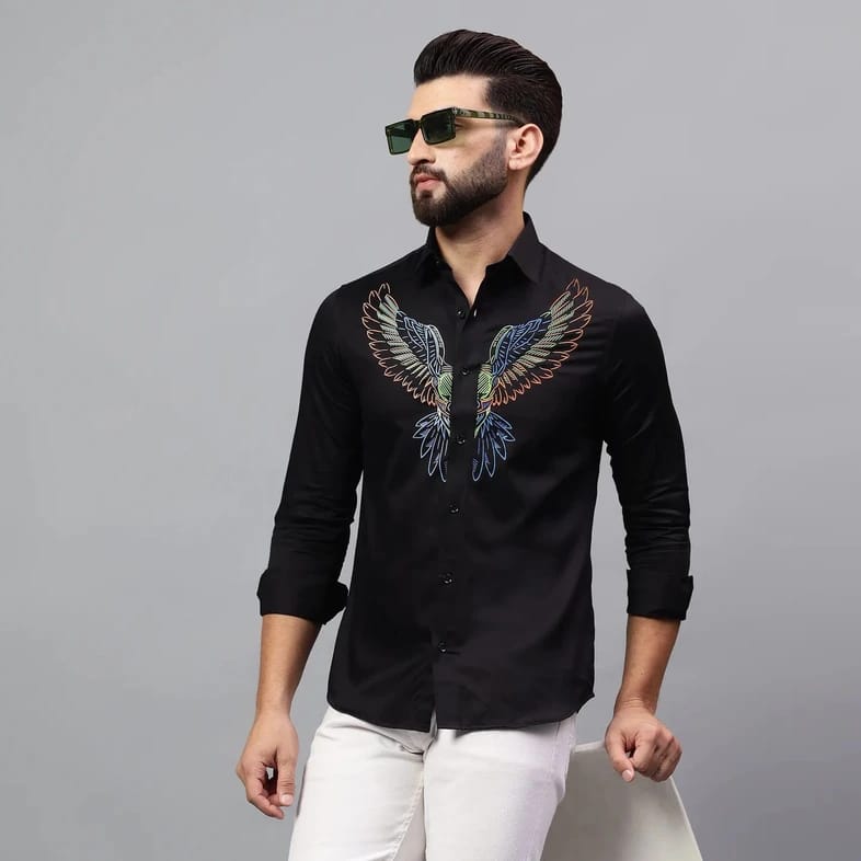 Men’s Black Embroidered Eagle Motif Casual Shirt