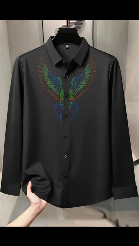 Men’s Black Embroidered Eagle Motif Casual Shirt