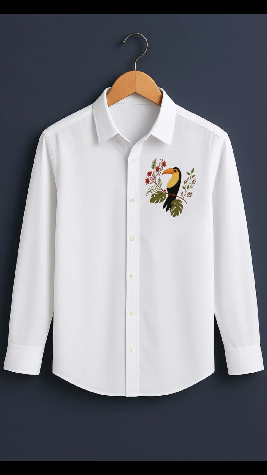 Men’s Crisp White Long Sleeve Casual Shirt with Tropical Toucan Chest Motif