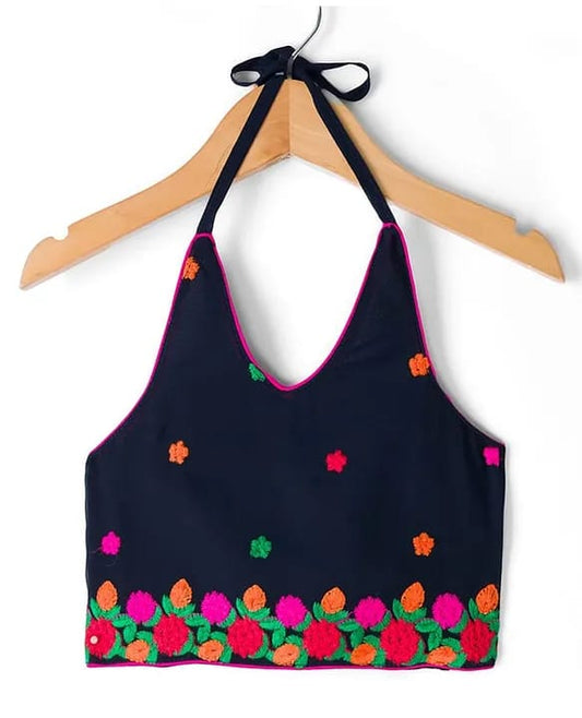 Baby girls Floral Thread Embroidered Navy Blue Lehenga Choli Set with Contrast Dupatta