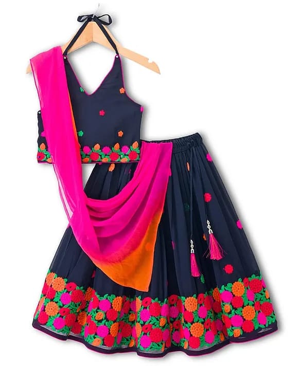 Baby girls Floral Thread Embroidered Navy Blue Lehenga Choli Set with Contrast Dupatta