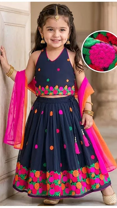 Baby girls Floral Thread Embroidered Navy Blue Lehenga Choli Set with Contrast Dupatta
