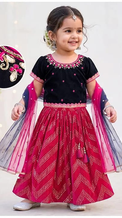Baby girls Black Velvet Embroidered Choli & Rani Pink Chevron Foil Lehenga Set with Dupatta