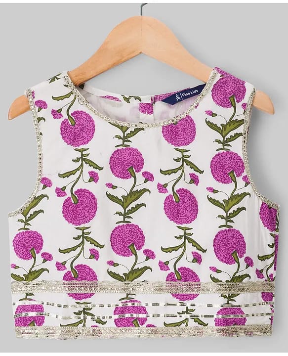 Baby girl Purple Floral Cotton Block Print Lehenga Choli Set with Dip-Dyed Dupatta