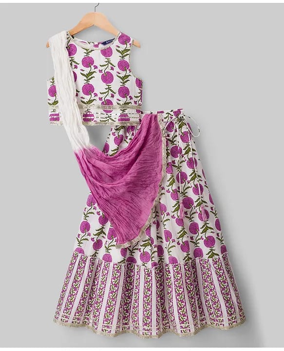 Baby girl Purple Floral Cotton Block Print Lehenga Choli Set with Dip-Dyed Dupatta