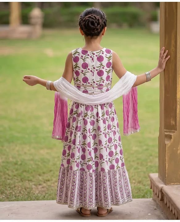 Baby girl Purple Floral Cotton Block Print Lehenga Choli Set with Dip-Dyed Dupatta