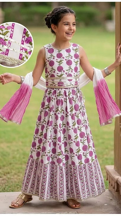 Baby girl Purple Floral Cotton Block Print Lehenga Choli Set with Dip-Dyed Dupatta