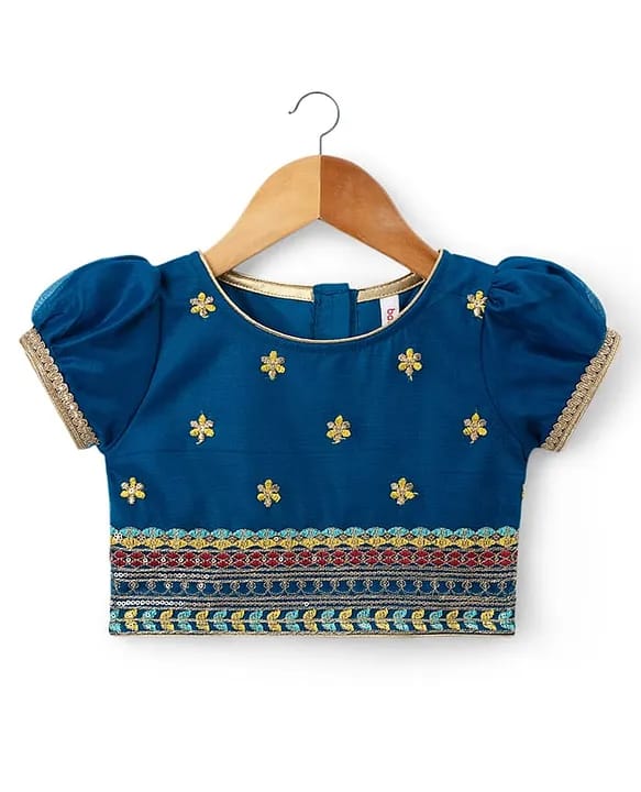 Baby girls Peacock Blue Embroidered Silk-Blend Lehenga Choli Set with Pre-Stitched Dupatta