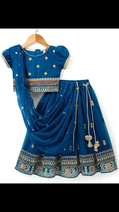 Baby girls Peacock Blue Embroidered Silk-Blend Lehenga Choli Set with Pre-Stitched Dupatta