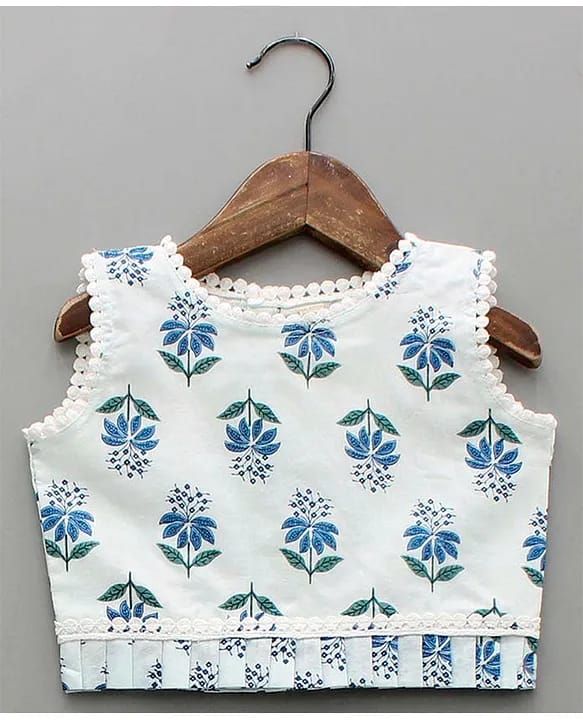 Girls Blue & White Floral Block Print 2-Piece Cotton Lehenga Choli Set