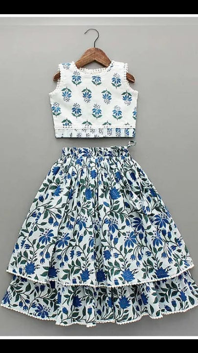 Girls Blue & White Floral Block Print 2-Piece Cotton Lehenga Choli Set