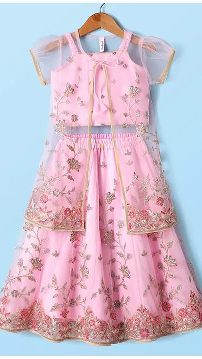 Girls Baby Pink Floral Embroidered Net Lehenga Choli Set with Attached Cape / Peplum Overlay