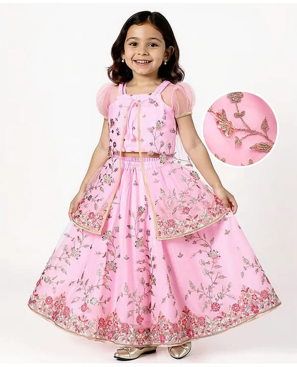 Girls Baby Pink Floral Embroidered Net Lehenga Choli Set with Attached Cape / Peplum Overlay