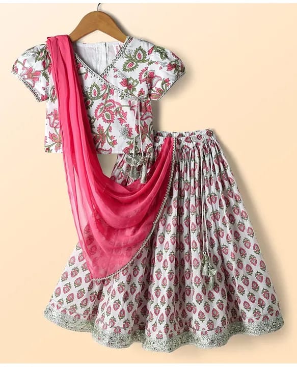 Baby Girls Floral Floral Print Cotton Angrakha Lehenga Choli Set with Contrast Pink Dupatta