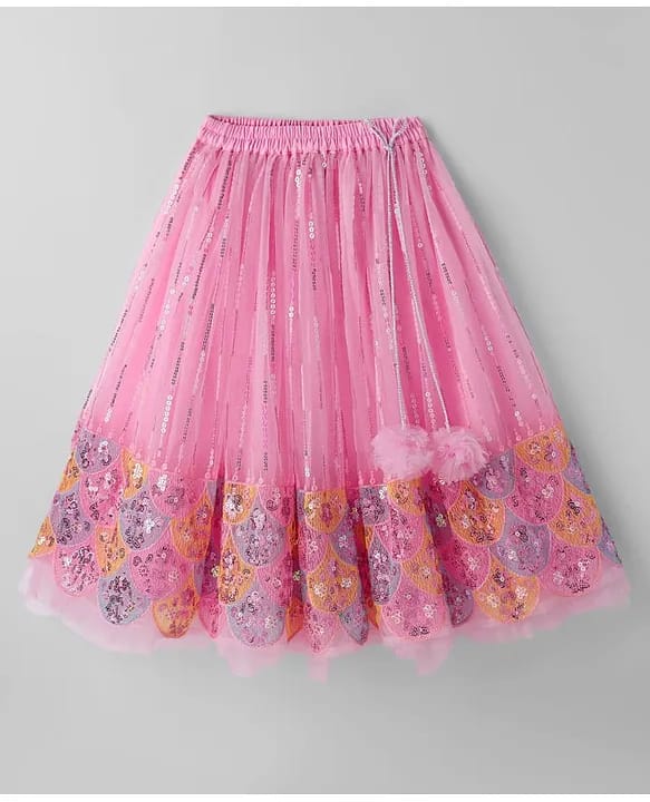 Baby Girls Pink Mermaid Scale Sequin Net Lehenga Choli Set with Organza Ruffle Sleeves