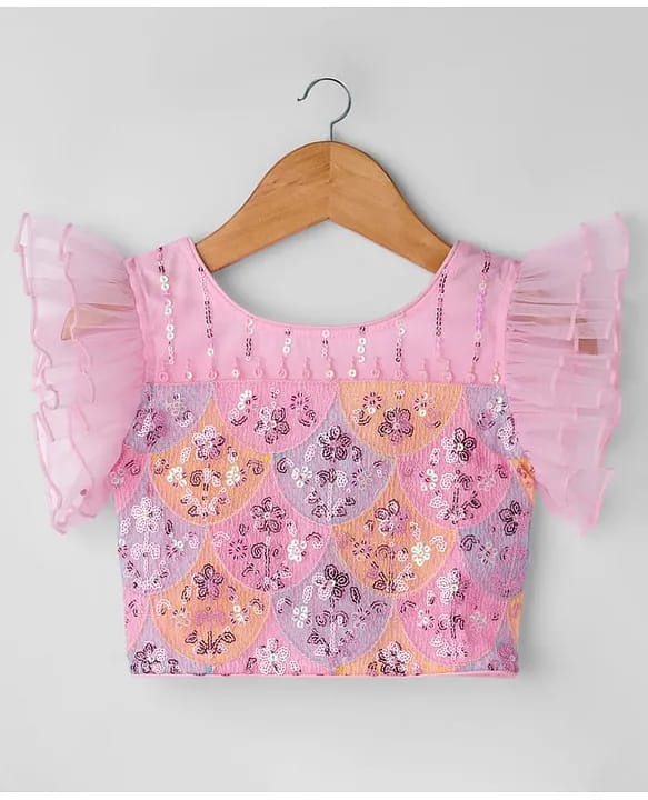 Baby Girls Pink Mermaid Scale Sequin Net Lehenga Choli Set with Organza Ruffle Sleeves