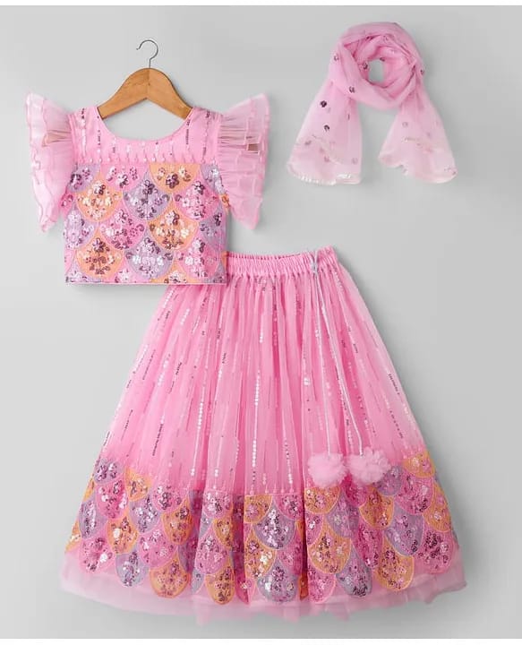 Baby Girls Pink Mermaid Scale Sequin Net Lehenga Choli Set with Organza Ruffle Sleeves