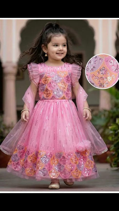 Baby Girls Pink Mermaid Scale Sequin Net Lehenga Choli Set with Organza Ruffle Sleeves