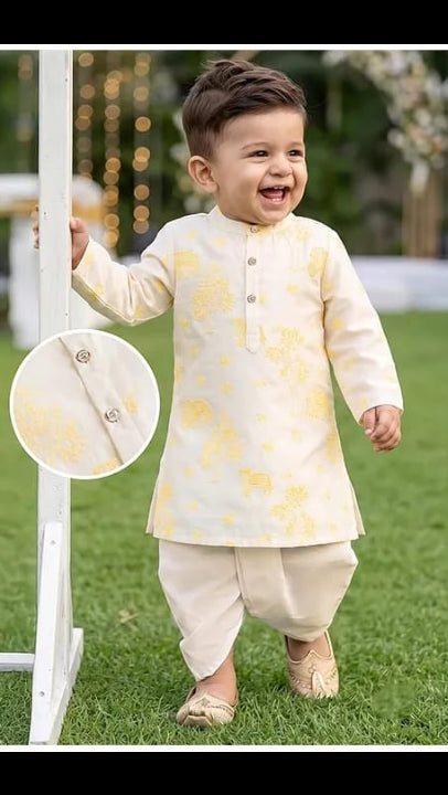 Baby & Toddler Boys Cream & Yellow Embroidered Kurta Dhoti Set