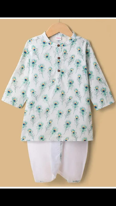 Boys Peacock Feather Print Pure Cotton Kurta Dhoti Set