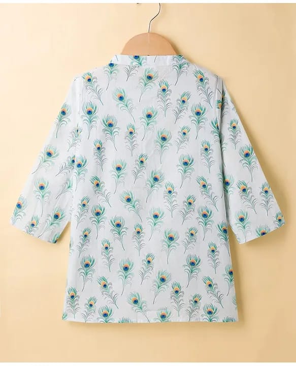 Boys Peacock Feather Print Pure Cotton Kurta Dhoti Set