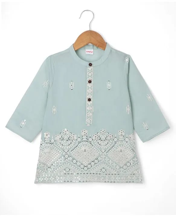 Baby & Toddler Boys Sea Green Lucknowi Chikankari & Mirror Work Kurta Dhoti Set
