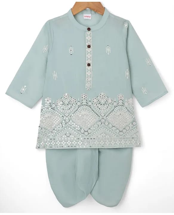 Baby & Toddler Boys Sea Green Lucknowi Chikankari & Mirror Work Kurta Dhoti Set