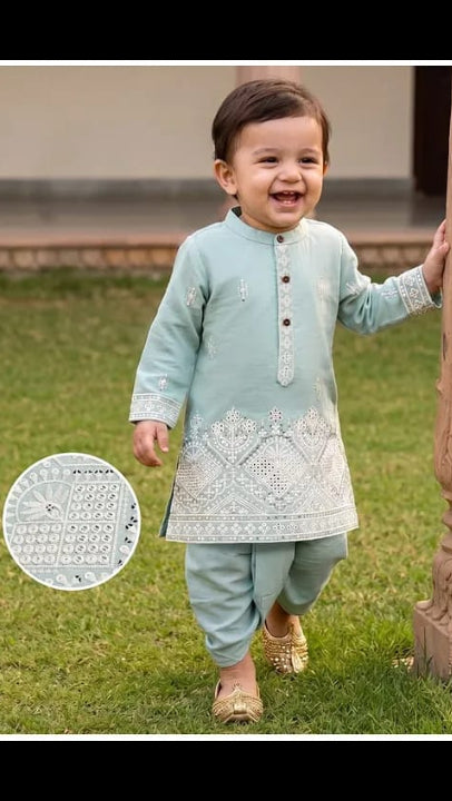 Baby & Toddler Boys Sea Green Lucknowi Chikankari & Mirror Work Kurta Dhoti Set