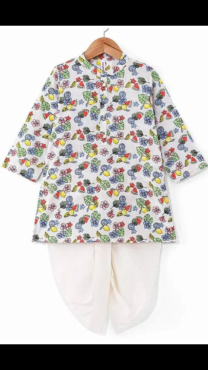Baby & Toddler Boys White Tropical Fruit & Floral Print Kurta Dhoti Set