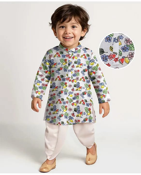 Baby & Toddler Boys White Tropical Fruit & Floral Print Kurta Dhoti Set