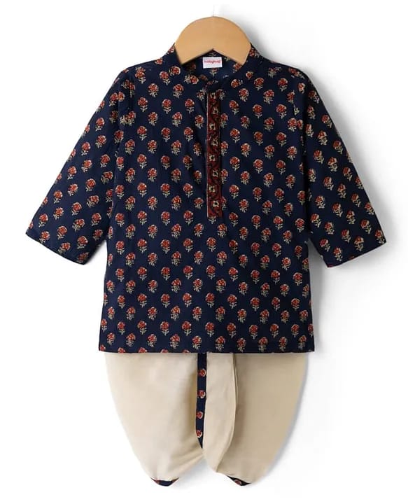 Baby & Toddler Boys Navy Blue Floral Block Print Kurta Dhoti Set
