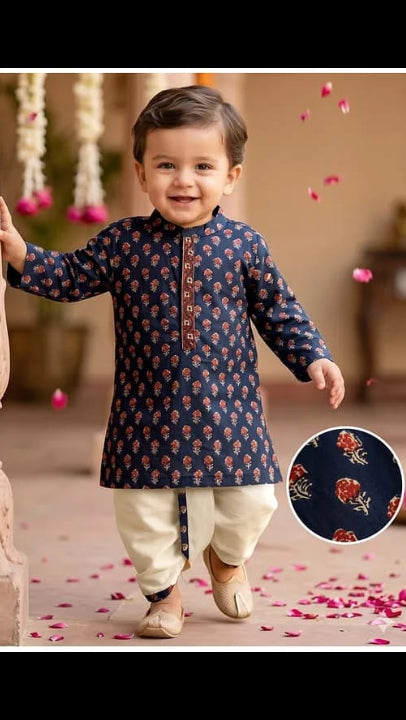 Baby & Toddler Boys Navy Blue Floral Block Print Kurta Dhoti Set