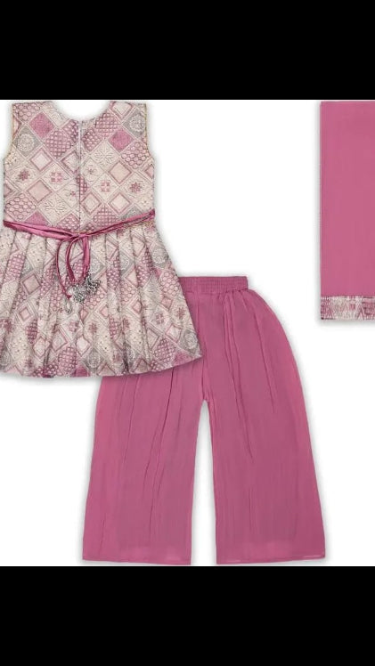 Girls Dusty Pink Geometric Jacquard Kurti, Palazzo & Dupatta 3-Piece Set